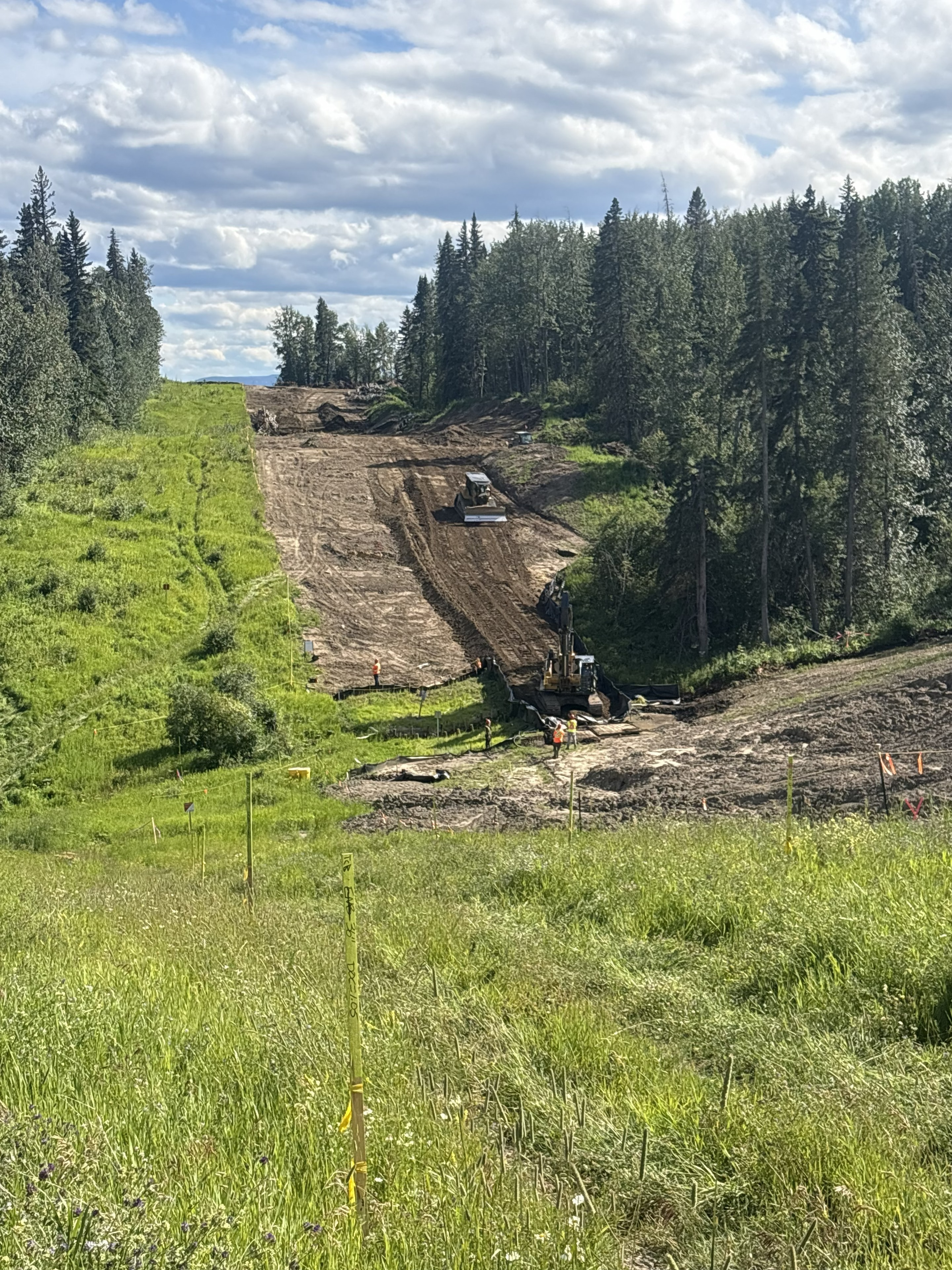 Forestry and construction site with heavy equipment on hillside